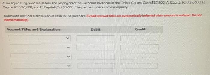 After liquidating noncash assets and paying creditors, account balances in the Oriole Co. are Cash $17,800: A Capital (Cr.) $7.600; B.
Capital (Cr.) $6.600; and C, Capital (Cr.) $3,600. The partners share income equally.
Journalize the final distribution of cash to the partners. (Credit account titles are automatically indented when amount is entered. Do not
indent manually.)
Account Titles and Explanation
Debit
Credit