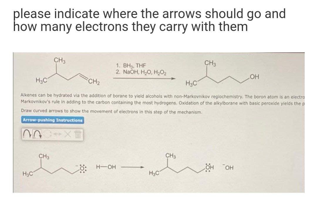 please indicate where the arrows should go and
how many electrons they carry with them
CH3
CH3
1. ВН, THF
2. NaOH, H,0, Н,02
HO
H3C
CH2
H3C
Alkenes can be hydrated via the addition of borane to yield alcohols with non-Markovnikov regiochemistry. The boron atom is an electro
Markovnikov's rule in adding to the carbon containing the most hydrogens. Oxidation of the alkylborane with basic peroxide yields the p
Draw curved arrows to show the movement of electrons in this step of the mechanism.
Arrow-pushing Instructions
CH3
CH3
ö: H-OH
он он
H3C
H3C
