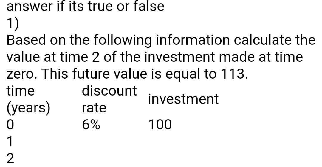 answer if its true or false
1)
Based on the following information calculate the
value at time 2 of the investment made at time
zero. This future value is equal to 113.
discount
time
investment
(years)
rate
6%
100
1
