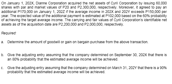On January 1, 202X, Dianne Corporation acquired the net assets of Cyril Corporation by issuing 60,000
shares with par and market values of P20 and P2,300,000, respectively. Moreover, it agreed to pay an
additional P170,000 on January 1, 202z if the average income in 202X and 202Y exceeds P150,000 per
year. The expected value of the additional payment is estimated at P102,000 based on the 60% probability
of achieving the target average income. The carrying and fair values of Cyril Corporation's identifiable net
assets as of the acquisition date are P2,200,000 and P2,000,000, respectively.
Required:
a. Determine the amount of goodwill or gain on bargain purchase from the above transaction.
b. Give the adjusting entry assuming that the company determined on September 30, 202X that there is
an 80% probability that the estimated average income will be achieved.
c. Give the adjusting entry assuming that the company determined on March 31, 202Y that there is a 90%
probability that the estimated average income will be achieved.
