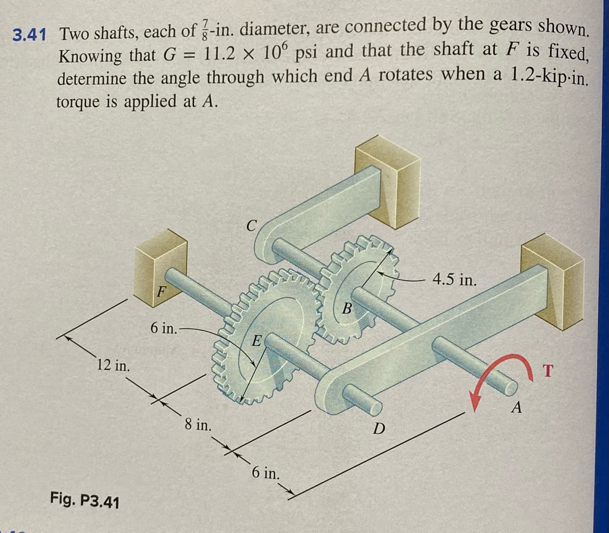 3.41 Two shafts, each of g-in. diameter, are connected by the gears shown
Knowing that G =
determine the angle through which end A rotates when a 1.2-kip-in.
torque is applied at A.
11.2 × 10° psi and that the shaft at F is fixed
4.5 in.
F
В
6 in.
E
12 in.
T
A
8 in.
6 in.
Fig. P3.41
