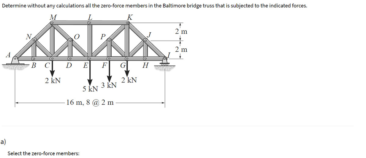 Determine without any calculations all the zero-force members in the Baltimore bridge truss that is subjected to the indicated forces.
M
K
2 m
N
2 m
A
В С
D
E
F
G
Н
2 kN
2 kN
3 kN
5 kN
16 m, 8 @ 2 m
a)
Select the zero-force members:
