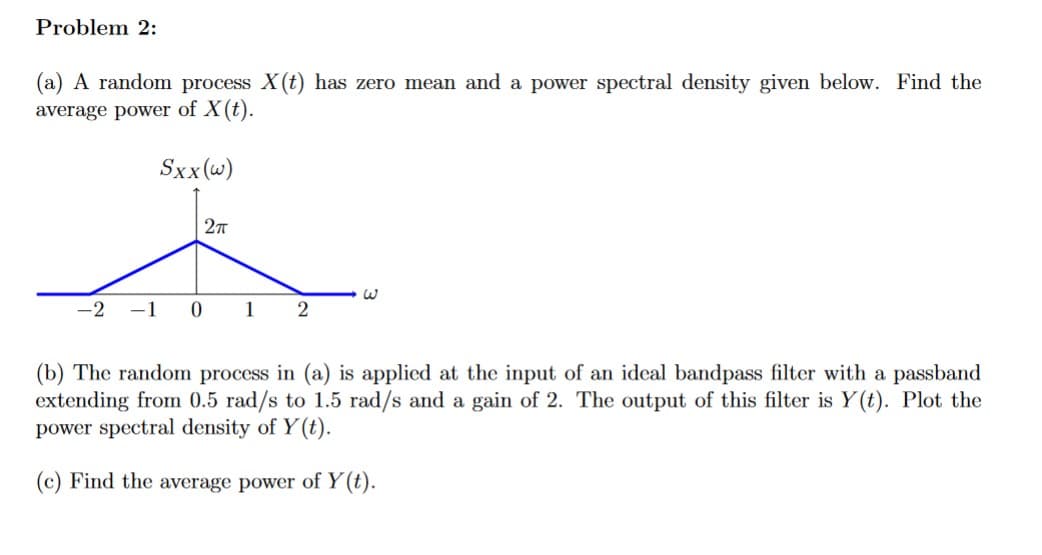 Problem 2:
(a) A random process X(t) has zero mean and a power spectral density given below. Find the
average power of X(t).
Sxx(w)
2T
-2 -1 0 1 2
W
(b) The random process in (a) is applied at the input of an ideal bandpass filter with a passband
extending from 0.5 rad/s to 1.5 rad/s and a gain of 2. The output of this filter is Y(t). Plot the
power spectral density of Y(t).
(c) Find the average power of Y(t).