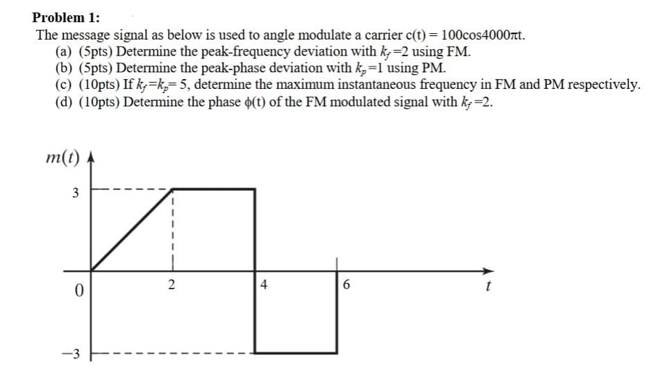 Problem 1:
The message signal as below is used to angle modulate a carrier c(t) = 100cos4000лt.
(a) (5pts) Determine the peak-frequency deviation with k=2 using FM.
(b) (5pts) Determine the peak-phase deviation with k₂ =1 using PM.
(c) (10pts) If k=k=5, determine the maximum instantaneous frequency in FM and PM respectively.
(d) (10pts) Determine the phase (t) of the FM modulated signal with k₂ =2.
m(t)
3
0
-3
2
4
6