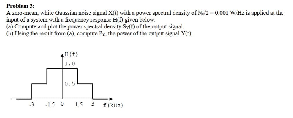 Problem 3:
A zero-mean, white Gaussian noise signal X(t) with a power spectral density of No/2 = 0.001 W/Hz is applied at the
input of a system with a frequency response H(f) given below.
(a) Compute and plot the power spectral density Sy(f) of the output signal.
(b) Using the result from (a), compute Py, the power of the output signal Y(t).
H(f)
1.0
0.5
-3
-1.5 0
1.5 3
f(kHz)
