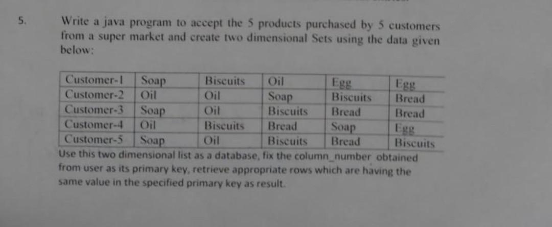 5.
Write a java program to accept the 5 products purchased by 5 customers
from a super market and create two dimensional Sets using the data given
below:
Soap
Oil
Customer-1
Biscuits
Oil
Egg
Biscuits
Egg
Bread
Customer-2
Oil
Soap
Biscuits
Customer-3
Soap
Oil
Oil
Bread
Bread
Customer-4
Customer-5
Use this two dimensional list as a database, fix the column number obtained
from user as its primary key, retrieve appropriate rows which are having the
same value in the specified primary key as result.
Biscuits
Bread
Soap
Bread
Egg
Biscuits
Soap
Oil
Biscuits
