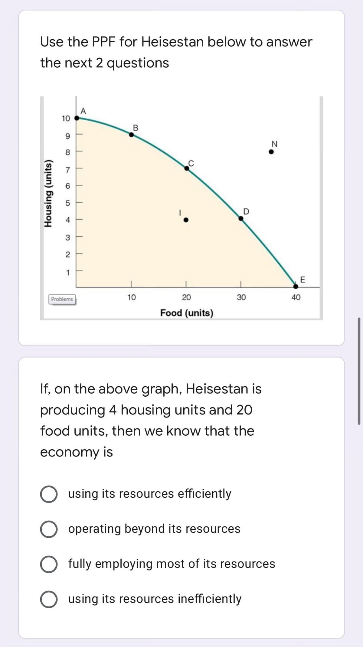 Use the PPF for Heisestan below to answer
the next 2 questions
A
10
9.
N
8
7
D
2
1
E
Problems
10
20
30
40
Food (units)
If, on the above graph, Heisestan is
producing 4 housing units and 20
food units, then we know that the
economy is
using its resources efficiently
operating beyond its resources
O fully employing most of its resources
using its resources inefficiently
Housing (units)
4,
