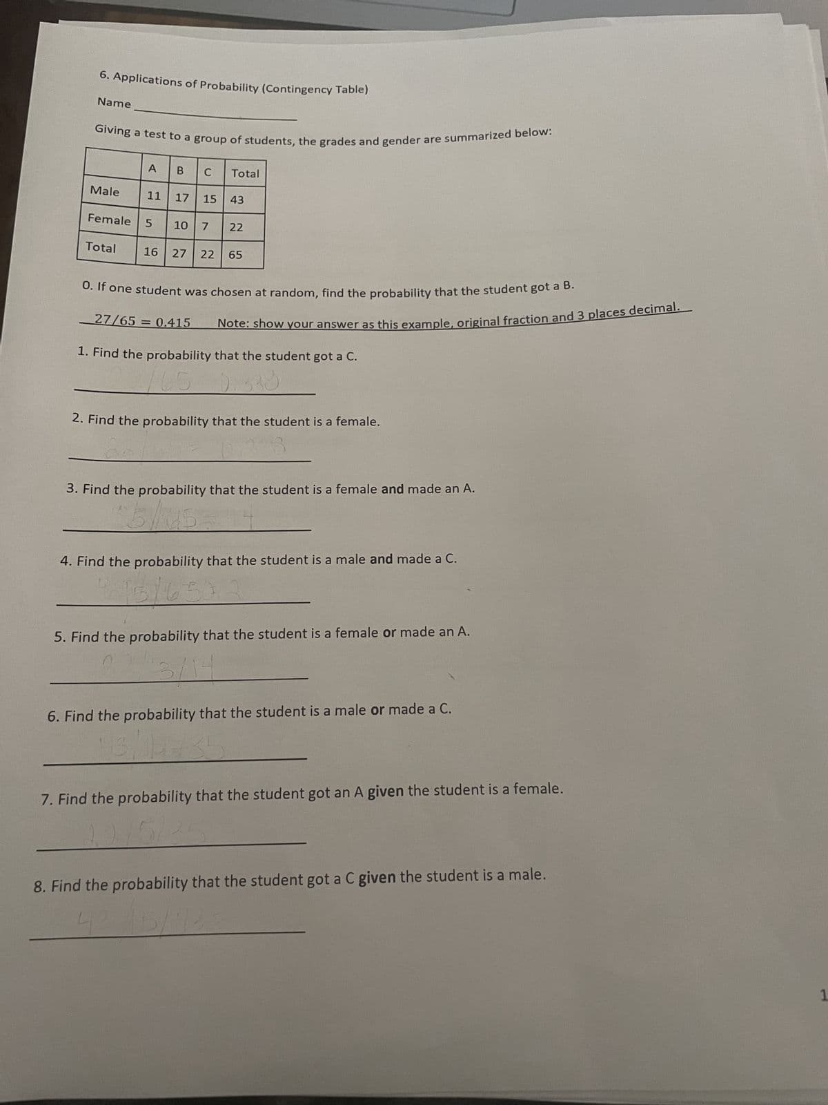 6. Applications of Probability (Contingency Table)
Name
Giving a test to a group of students, the grades and gender are summarized below:
Male
A
Total
Female 5
11 17
B C
=
15 43
10 7
Total
16 27 22 65
22
O. If one student was chosen at random, find the probability that the student got a B.
27/65 0.415
1. Find the probability
65
Note: show your answer as this example, original fraction and 3 places decimal.
that the student got a C.
0.330
2. Find the probability that the student is a female.
0.323
3. Find the probability that the student is a female and made an A.
5/45
4. Find the probability that the student is a male and made a C.
DY
1650
5. Find the probability that the student is a female or made an A.
n
3/14
6. Find the probability that the student is a male or made a C.
7. Find the probability that the student got an A given the student is a female.
8. Find the probability that the student got a C given the student is a male.
1