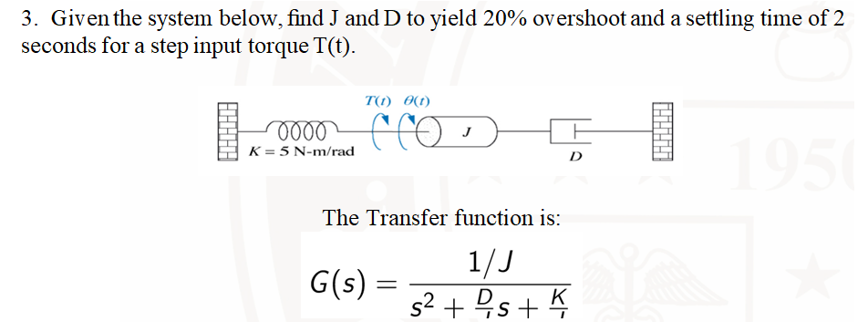 3. Given the system below, find J and D to yield 20% overshoot and a settling time of 2
seconds for a step input torque T(t).
wwwww
wwww
oooo
K = 5 N-m/rad
T(1) 0(t)
cro.
The Transfer function is:
1/J
s² + s + K к
G(s) :
D
=
xixixixi.
ar