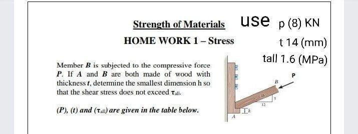 Strength of Materials
usé p (8) KN
HOME WORK1- Stress
t 14 (mm)
tall 1.6 (MPa)
Member B is subjected to the compressive force
P. If A and B are both made of wood with
thickness t, determine the smallest dimension h so
that the shear stress does not exceed Tall.
12
(P), (t) and (Tai) are given in the table below.
