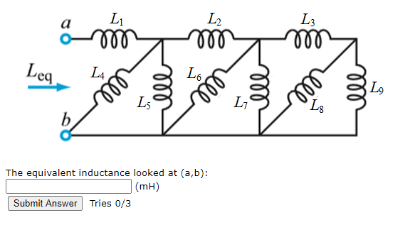 L3
ll
Li
L2
a
ell
L6
Leq
L4
L,
L5
L7
b
The equivalent inductance looked at (a,b):
(mH)
Submit Answer Tries 0/3
