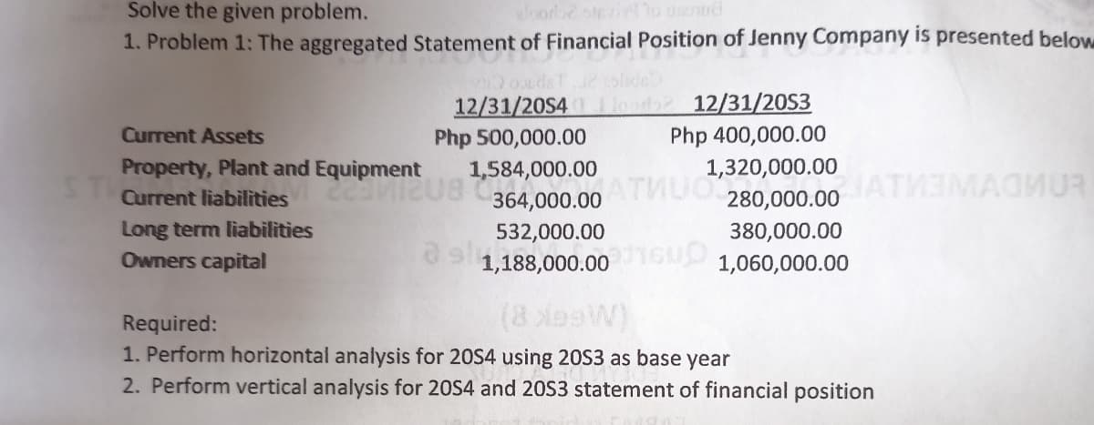 Solve the given problem.
1. Problem 1: The aggregated Statement of Financial Position of Jenny Company is presented below
12/31/20S4
12/31/20S3
Current Assets
Php 500,000.00
Php 400,000.00
Property, Plant and Equipment
ST
Current liabilities 84,000.00
Long term liabilities
Owners capital
1,320,000.00
ATWUO 280,000.00
ATMEMAOUR
364,000.00
532,000.00
380,000.00
1,188,000.00
1,060,000.00
(8 lesW)
Required:
1. Perform horizontal analysis for 20S4 using 20S3 as base year
2. Perform vertical analysis for 20S4 and 20S3 statement of financial position
