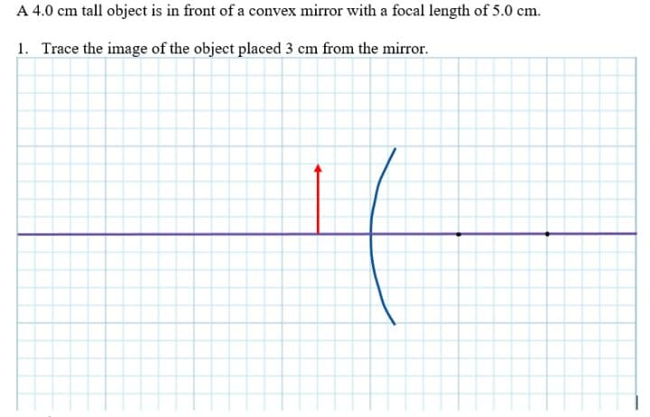 A 4.0 cm tall object is in front of a convex mirror with a focal length of 5.0 cm.
1. Trace the image of the object placed 3 cm from the mirror.
