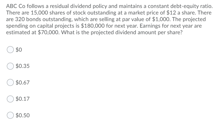 ABC Co follows a residual dividend policy and maintains a constant debt-equity ratio.
There are 15,000 shares of stock outstanding at a market price of $12 a share. There
are 320 bonds outstanding, which are selling at par value of $1,000. The projected
spending on capital projects is $180,000 for next year. Earnings for next year are
estimated at $70,000. What is the projected dividend amount per share?
$0
$0.35
$0.67
$0.17
$0.50