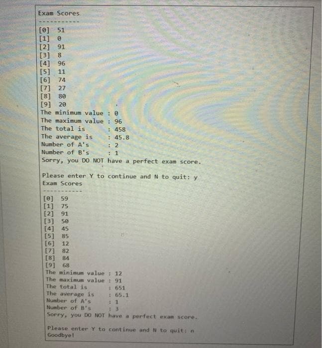 Exam Scores
[0]
[1]
[2]
[3]
[4]
[5]
[6] 74
[7] 27
[8] 80
[9] 20
The minimum value : 0
The maximum value : 96
The total is
The average is
Number of A's
Number of B's
51
91
8
96
11
: 458
: 45.8
: 2
: 1
Sorry, you DO NOT have a perfect exam score.
Please enter Y to continue and N to quit: y
Exam Scores
[0] 59
[1] 75
[2] 91
[3]
[4] 45
[5] 85
[6] 12
[7]
[8] 84
[9] 68
The minimum value : 12
The maximum value : 91
The total is
The average is
Number of A's
50
82
:651
: 65.1
: 1
: 3
Sorry, you DO NOT have a perfect exam score.
Number of B's
Please enter Y to continue and N to quit: n
Goodbye!
