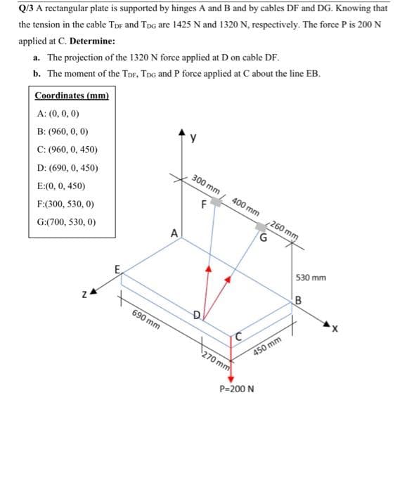 Q/3 A rectangular plate is supported by hinges A and B and by cables DF and DG. Knowing that
the tension in the cable TDF and Tpg are 1425 N and 1320 N, respectively. The force P is 200 N
applied at C. Determine:
a. The projection of the 1320 N force applied at D on cable DF.
b. The moment of the TDr, TDG and P force applied at C about the line EB.
Coordinates (mm)
A: (0, 0, 0)
B: (960, 0, 0)
C: (960, 0, 450)
D: (690, 0, 450)
300 mm
E:(0, 0, 450)
400 mm 260 mm
F
F:(300, 530, 0)
G:(700, 530, 0)
530 mm
E
24
690 mm
D.
270 mm
450 mm
P=200 N
