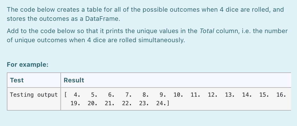 The code below creates a table for all of the possible outcomes when 4 dice are rolled, and
stores the outcomes as a DataFrame.
Add to the code below so that it prints the unique values in the Total column, i.e. the number
of unique outcomes when 4 dice are rolled simultaneously.
For example:
Test
Result
Testing output [
4.
5.
6.
7.
8.
9.
10.
11.
12.
13.
14.
15. 16.
19.
20.
21.
22.
23.
24.]
