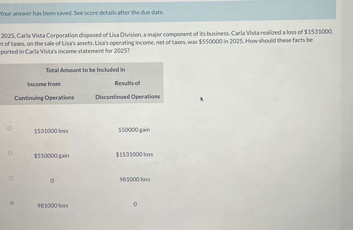 "Your answer has been saved. See score details after the due date.
2025, Carla Vista Corporation disposed of Lisa Division, a major component of its business. Carla Vista realized a loss of $1531000,
et of taxes, on the sale of Lisa's assets. Lisa's operating income, net of taxes, was $550000 in 2025. How should these facts be
ported in Carla Vista's income statement for 2025?
Total Amount to be Included in
O
Income from
Results of
Continuing Operations
Discontinued Operations
1531000 loss
550000 gain
$550000 gain
0
981000 loss
$1531000 loss
981000 loss
0