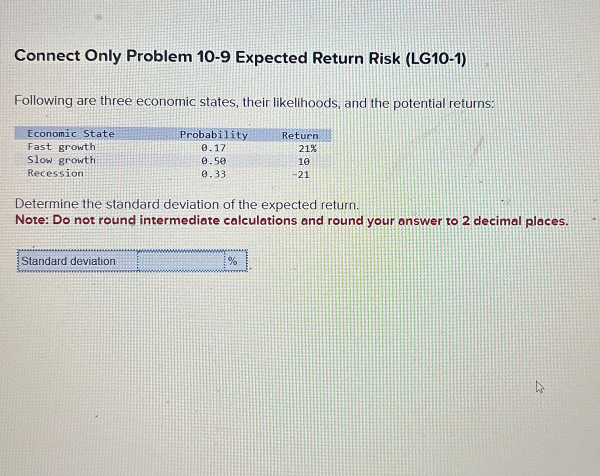 Connect Only Problem 10-9 Expected Return Risk (LG10-1)
Following are three economic states, their likelihoods, and the potential returns:
Economic State
Fast growth
Slow growth
Probability
0.17
0.50
0.33
Return
21%
10
-21
Recession
Determine the standard deviation of the expected return.
Note: Do not round intermediate calculations and round your answer to 2 decimal places.
Standard deviation
%