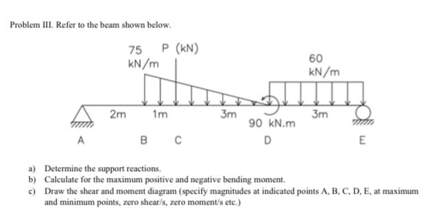 Problem III. Refer to the beam shown below.
75
P (kN)
60
kN/m
kN/m
2m
1m
3m
3m
90 kN.m
A
D
E
a) Determine the support reactions.
b) Calculate for the maximum positive and negative bending moment.
c) Draw the shear and moment diagram (specify magnitudes at indicated points A, B, C, D, E, at maximum
and minimum points, zero shear/s, zero moment/s etc.)
