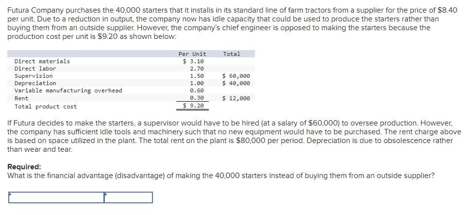 Futura Company purchases the 40,000 starters that it installs in its standard line of farm tractors from a supplier for the price of $8.40
per unit. Due to a reduction in output, the company now has idle capacity that could be used to produce the starters rather than
buying them from an outside supplier. However, the company's chief engineer is opposed to making the starters because the
production cost per unit is $9.20 as shown below:
Direct materials
Direct labor
Supervision
Depreciation
Variable manufacturing overhead
Rent
Total product cost
Per Unit
$ 3.10
2.70
1.50
1.00
0.60
0.30
$9.20
Total
$ 60,000
$ 40,000
$ 12,000
If Futura decides to make the starters, a supervisor would have to be hired (at a salary of $60,000) to oversee production. However,
the company has sufficient idle tools and machinery such that no new equipment would have to be purchased. The rent charge above
is based on space utilized in the plant. The total rent on the plant is $80,000 per period. Depreciation is due to obsolescence rather
than wear and tear.
Required:
What is the financial advantage (disadvantage) of making the 40,000 starters instead of buying them from an outside supplier?