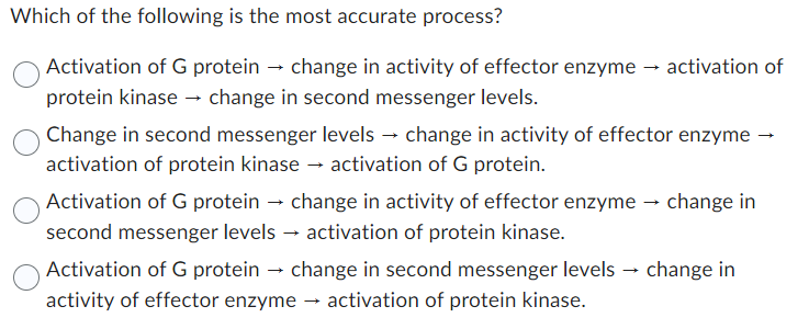 Which of the following is the most accurate process?
Activation of G protein → change in activity of effector enzyme activation of
protein kinase → change in second messenger levels.
Change in second messenger levels → change in activity of effector enzyme →
activation of protein kinase activation of G protein.
Activation of G protein → change in activity of effector enzyme → change in
second messenger levels → activation of protein kinase.
Activation of G protein → change in second messenger levels
activity of effector enzyme → activation of protein kinase.
change in