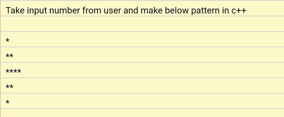 Take input number from user and make below pattern in c++
*
**
****
**
*