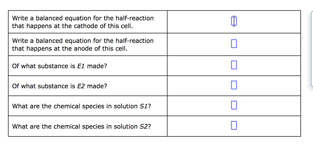 Write a balanced equation for the half-reaction
that happens at the cathode of this cell.
Write a balanced equation for the half-reaction
that happens at the anode of this cell.
Of what substance is E1 made?
Of what substance is E2 made?
What are the chemical species in solution S1?
What are the chemical species in solution S2?
00
0
7
0
0