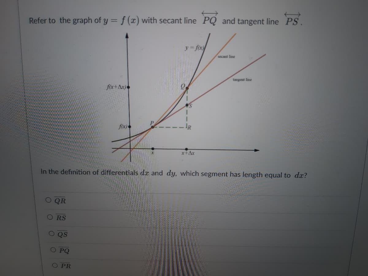 Refer to the graph of y = f (x) with secant line PQ and tangent line PS.
O QR
RS
QS
f(x+Ax)
O PQ
O PR
f(x)
x
y=f(x)
R
In the definition of differentials dx and dy, which segment has length equal to dx?
x+Ax
secant line
tangent line