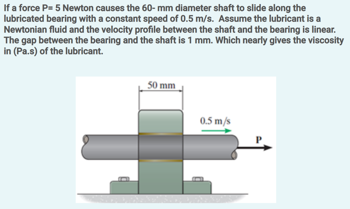 If a force P= 5 Newton causes the 60- mm diameter shaft to slide along the
lubricated bearing with a constant speed of 0.5 m/s. Assume the lubricant is a
Newtonian fluid and the velocity profile between the shaft and the bearing is linear.
The gap between the bearing and the shaft is 1 mm. Which nearly gives the viscosity
in (Pa.s) of the Ilubricant.
50 mm
0.5 m/s
