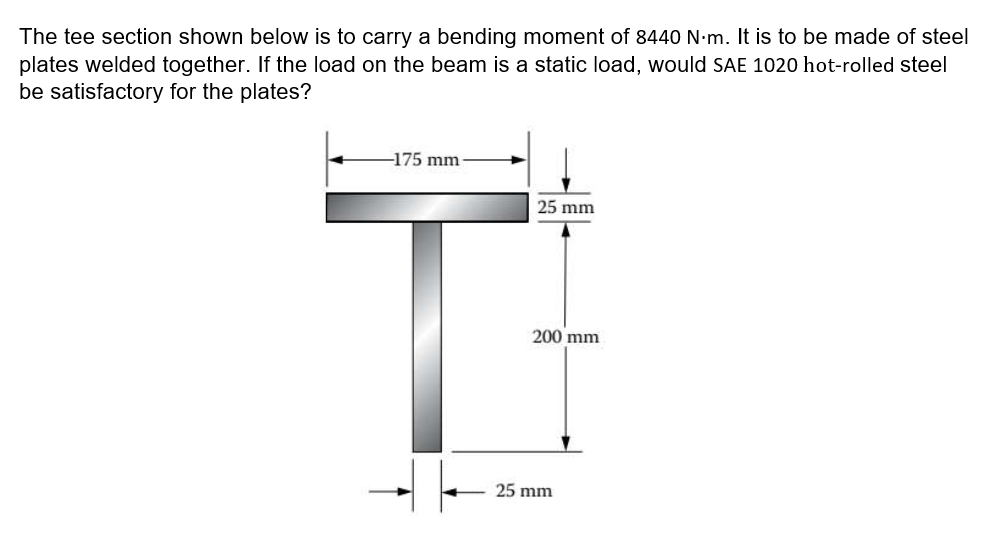 The tee section shown below is to carry a bending moment of 8440 N·m. It is to be made of steel
plates welded together. If the load on the beam is a static load, would SAE 1020 hot-rolled steel
be satisfactory for the plates?
-175 mm
25 mm
200 mm
25 mm