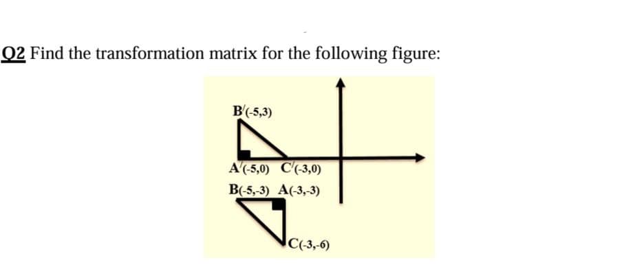 Q2 Find the transformation matrix for the following figure:
B'(-5,3)
A(-5,0) C(-3,0)
B(-5,-3) A(-3,-3)
Va
C(-3,-6)