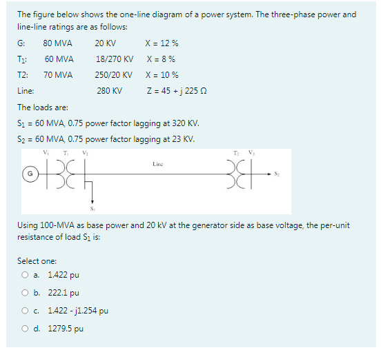The figure below shows the one-line diagram of a power system. The three-phase power and
line-line ratings are as follows:
G:
80 MVA
20 KV
X = 12 %
T:
60 MVA
18/270 KV
X = 8 %
T2:
70 MVA
250/20 KV
X = 10 %
Line:
280 KV
Z = 45 + j 225 0
The loads are:
S1 = 60 MVA, 0.75 power factor lagging at 320 KV.
S2 = 60 MVA, 0.75 power factor lagging at 23 KV.
%3D
%3D
Ti
T:
V.
Line
Using 100-MVA as base power and 20 kV at the generator side as base voltage, the per-unit
resistance of load Sz is:
Select one:
Оа. 1422 рu
O b. 222.1 pu
O. 1.422 - j1.254 pu
O d. 1279.5 pu
