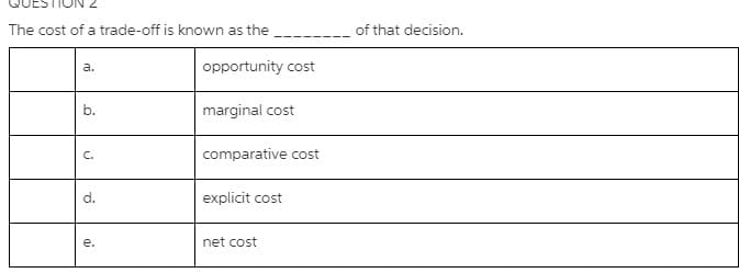 The cost of a trade-off is known as the
of that decision.
a.
opportunity cost
b.
marginal cost
C.
comparative cost
d.
explicit cost
е.
net cost
