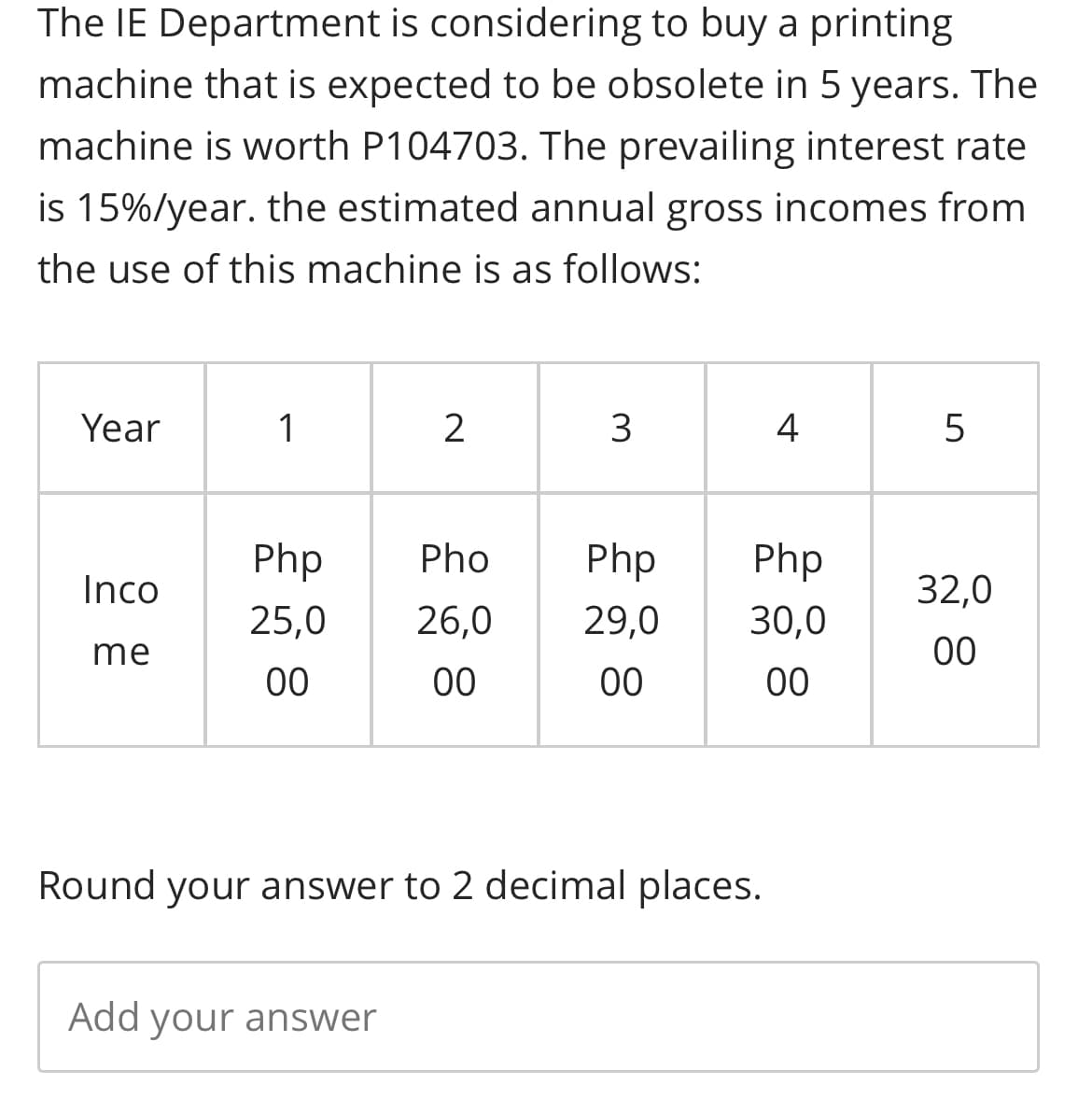 The IE Department is considering to buy a printing
machine that is expected to be obsolete in 5 years. The
machine is worth P104703. The prevailing interest rate
is 15%/year. the estimated annual gross incomes from
the use of this machine is as follows:
Year
Inco
me
1
2
Php Pho
25,0 26,0
00
00
Add your answer
3
Round your answer to 2 decimal places.
4
Php
Php
29,0 30,0
00
00
5
32,0
00