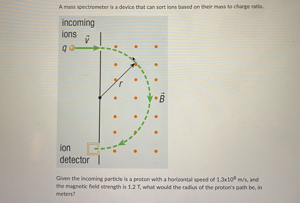 A mass spectrometer is a device that can sort ions based on their mass to charge ratio.
incoming
ions
V
q
ion
detector
13
B
Given the incoming particle is a proton with a horizontal speed of 1.3x108 m/s, and
the magnetic field strength is 1.2 T, what would the radius of the proton's path be, in
meters?