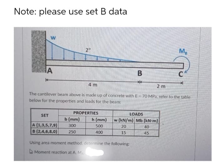 Note: please use set B data
W
2°
Me
A
B
C
*
4 m
2 m
The cantilever beam above is made up of concrete with E= 70 MPa, refer to the table
below for the properties and loads for the beam:
PROPERTIES
LOADS
SET
h (mm)
w (kN/m) Mb (kN-m)
b (mm)
300
500
20
40
A (1,3,5,7,9)
400
15
45
B (2,4,6,8,0) 250
Using area moment method, determine the following:
Moment reaction at A. MA