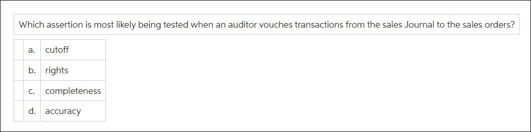 Which assertion is most likely being tested when an auditor vouches transactions from the sales Journal to the sales orders?
a. cutoff
b. rights
c. completeness
d. accuracy