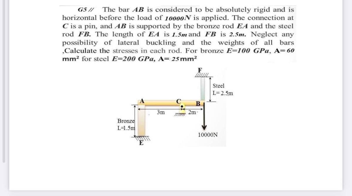 G5 //
The bar AB is considered to be absolutely rigid and is
horizontal before the load of 10000N is applied. The connection at
C is a pin, and AB is supported by the bronze rod EA and the steel
rod FB. The length of EA is 1.5m and FB is 2.5m. Neglect any
possibility of lateral buckling and the weights of all bars
„Calculate the stresses in each rod. For bronze E=100 GPa, A=60
mm? for steel E=200 GPa, A= 25 mm?
F
Steel
L=2.5m
B.
3m
2m-
Bronze
L=1.5m
10000N
