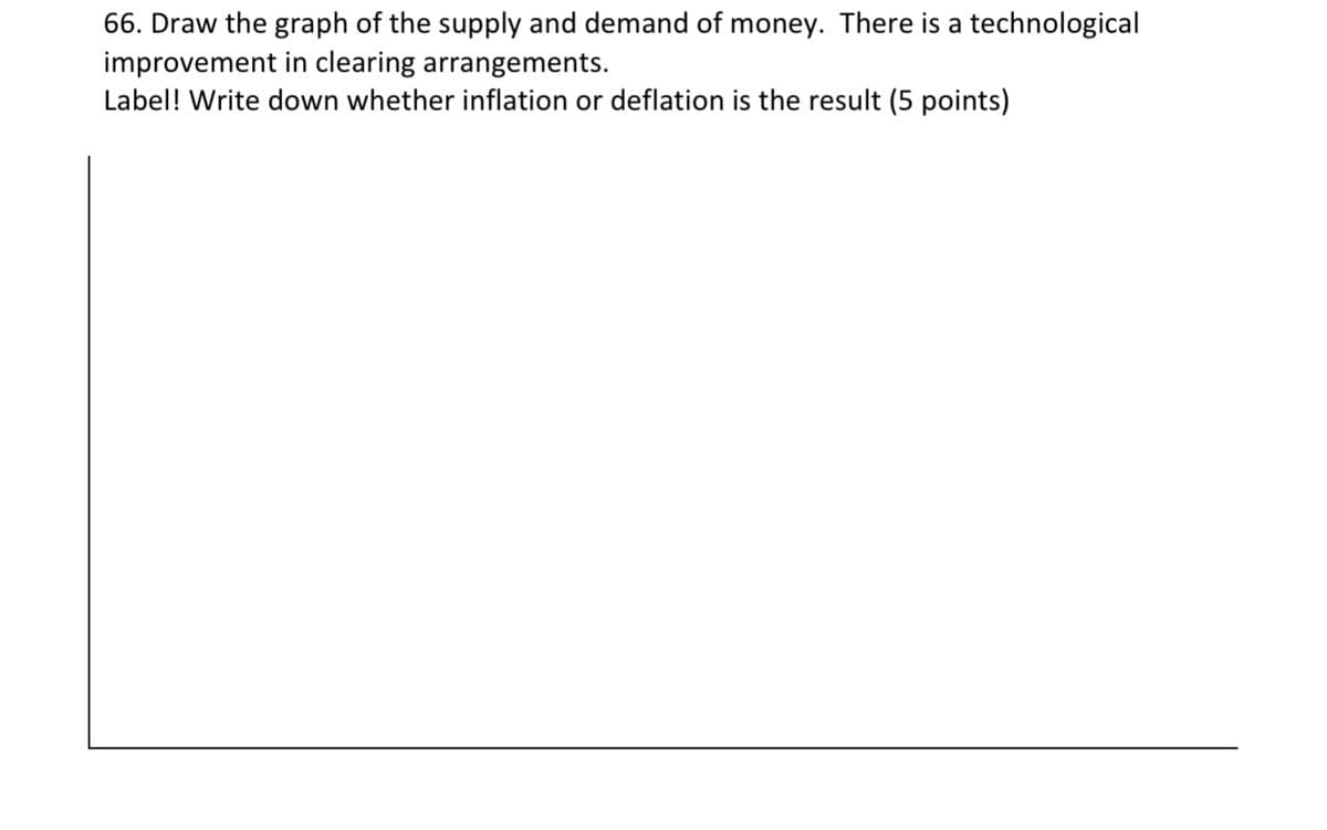 66. Draw the graph of the supply and demand of money. There is a technological
improvement in clearing arrangements.
Label! Write down whether inflation or deflation is the result (5 points)