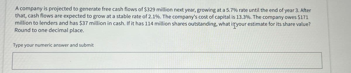 A company is projected to generate free cash flows of $329 million next year, growing at a 5.7% rate until the end of year 3. After
that, cash flows are expected to grow at a stable rate of 2.1%. The company's cost of capital is 13.3%. The company owes $171
million to lenders and has $37 million in cash. If it has 114 million shares outstanding, what is your estimate for its share value?
Round to one decimal place.
Type your numeric answer and submit