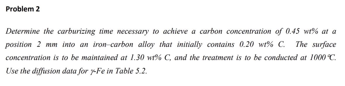 Problem 2
Determine the carburizing time necessary to achieve a carbon concentration of 0.45 wt% at a
position 2 mm into an iron-carbon alloy that initially contains 0.20 wt% C. The surface
concentration is to be maintained at 1.30 wt% C, and the treatment is to be conducted at 1000 °C.
Use the diffusion data for y-Fe in Table 5.2.