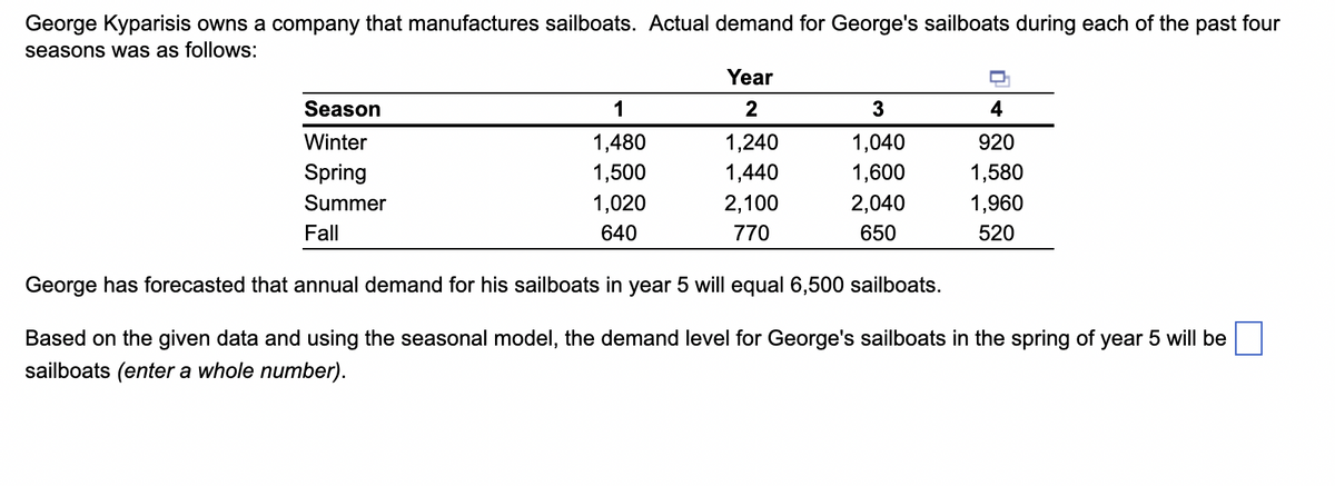 George Kyparisis owns a company that manufactures sailboats. Actual demand for George's sailboats during each of the past four
seasons was as follows:
Season
Winter
Spring
Summer
Fall
1
1,480
1,500
1,020
640
Year
2
1,240
1,440
2,100
770
3
1,040
1,600
2,040
650
D
4
920
1,580
1,960
520
George has forecasted that annual demand for his sailboats in year 5 will equal 6,500 sailboats.
Based on the given data and using the seasonal model, the demand level for George's sailboats in the spring of year 5 will be
sailboats (enter a whole number).