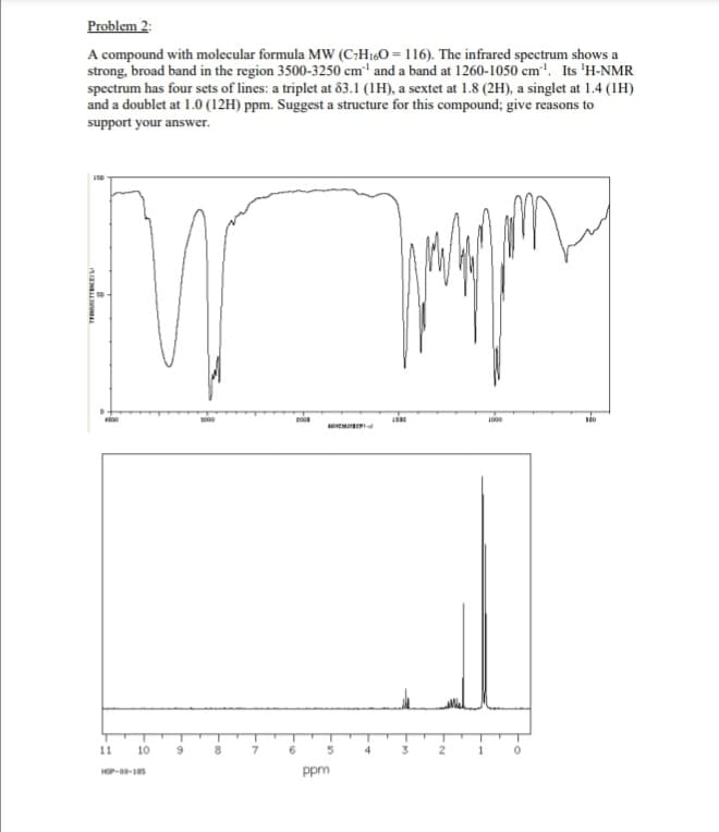 Problem 2:
A compound with molecular formula MW (C₂H160= 116). The infrared spectrum shows a
strong, broad band in the region 3500-3250 cm¹ and a band at 1260-1050 cm. Its 'H-NMR
spectrum has four sets of lines: a triplet at 83.1 (1H), a sextet at 1.8 (2H), a singlet at 1.4 (1H)
and a doublet at 1.0 (12H) ppm. Suggest a structure for this compound; give reasons to
support your answer.
TRANSCENCE
4000
11
10 9
HOP-00-105
1000
7
2008
6
5
ppm
4
wyp
1500
3
2
1000
100