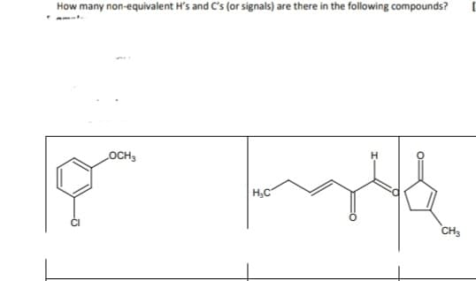 How many non-equivalent H's and C's (or signals) are there in the following compounds?
OCH3
lon fryde
H₂C
CH3