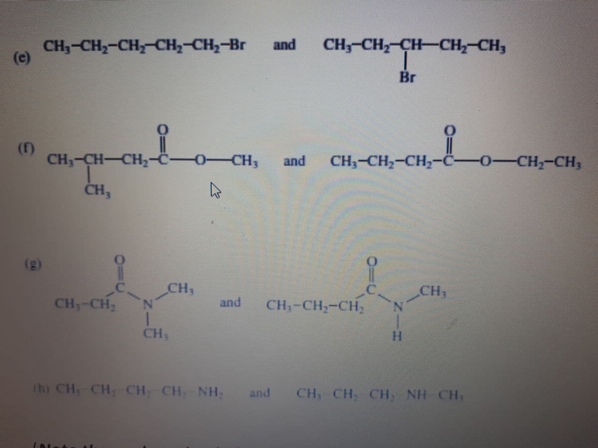(c)
(f)
(g)
CH₂-CH₂-CH₂-CH₂-CH₂-Br and CH₂-CH₂-CH-CH₂-CH₂
Br
CH-CH-CH,-C−O−CH, and CH₂-CH₂-CH₂-C 0- CH₂-CH₂
T
CH₂
CH₁ CH₂
C
N
CH₁
CH₁
and CH₂-CH₂-CH,
(h) CH、CH, CH, CH, NH,
and
CH₁ CH₂
CH,
C
CHÍCH
H
CH,
NGH
CH