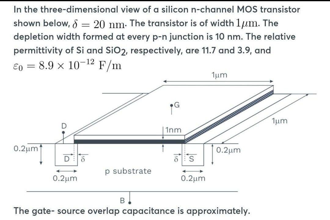 In the three-dimensional view of a silicon n-channel MOS transistor
shown below, S = 20 nm. The transistor is of width 1μm. The
depletion width formed at every p-n junction is 10 nm. The relative
permittivity of Si and SiO2, respectively, are 11.7 and 3.9, and
0 = 8.9 × 10-¹2 F/m
0.2μm
0.2μm
p substrate
B
G
1nm
8 S
0.2μm
1um
0.2μm
The gate- source overlap capacitance is approximately.
1um
