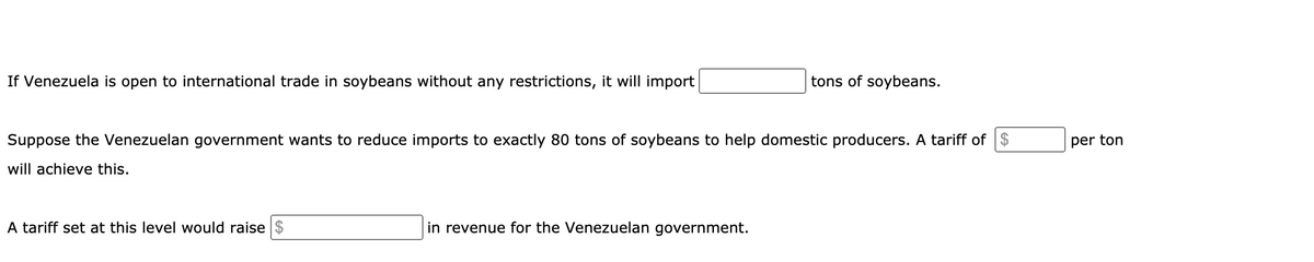 If Venezuela is open to international trade in soybeans without any restrictions, it will import
tons of soybeans.
Suppose the Venezuelan government wants to reduce imports to exactly 80 tons of soybeans to help domestic producers. A tariff of $
per ton
will achieve this.
A tariff set at this level would raise $
in revenue for the Venezuelan government.
