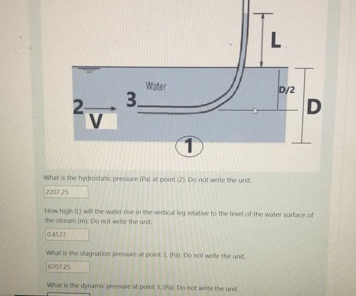 Water
D/2
3.
V
What is the hydrostatic pressure (Pa) at point (2). Do naot write the unit.
2207.25
How high (L) will the water rise in the vertical leg relative to the level of the water surface of
the stream (m). Do not write the unit.
0.4537
What is the stagnation pressure at point 3, (Pa). Do not write the unit.
6707.25
What is the dynamic pressure at point 3, (Pa). Do not write the unit.
