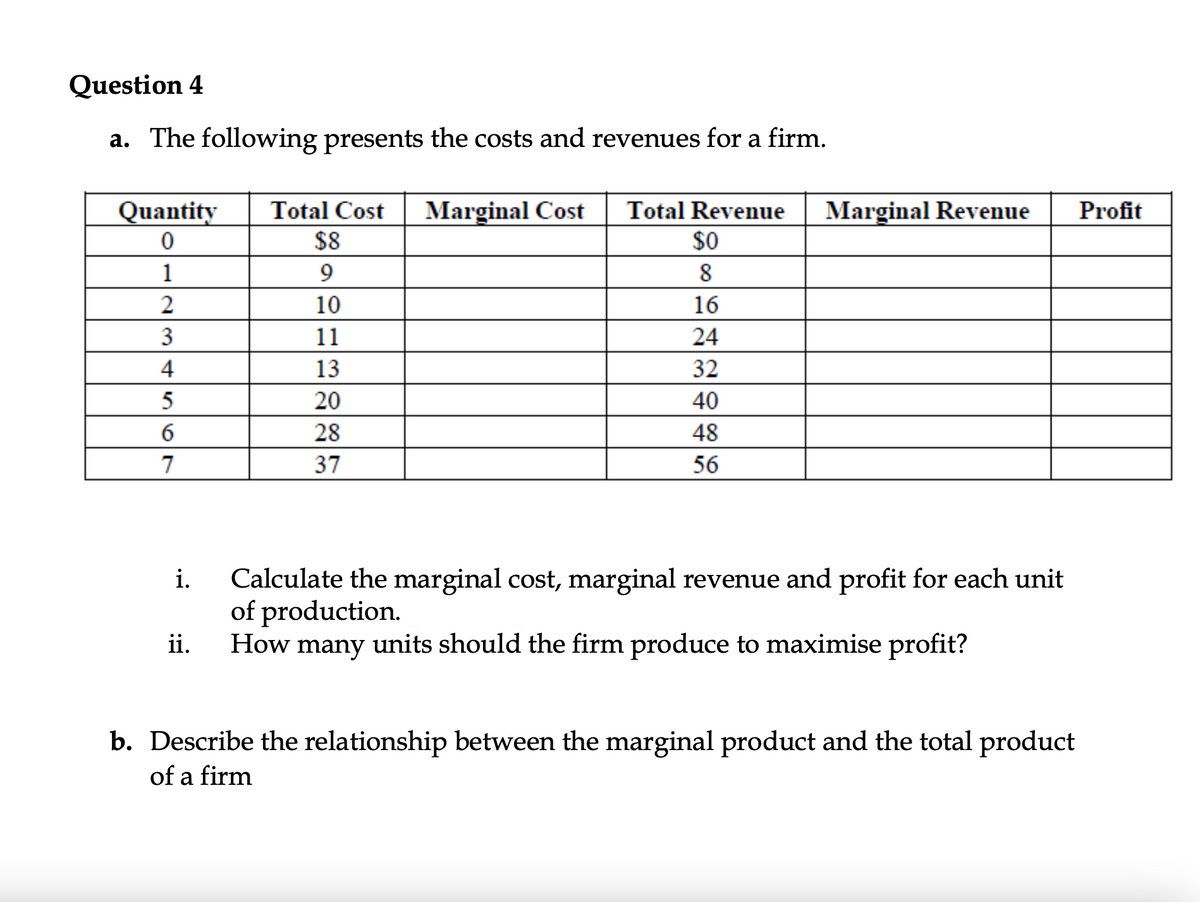 Question 4
a. The following presents the costs and revenues for a firm.
Quantity
Total Cost
Marginal Cost
Total Revenue
Marginal Revenue
Profit
$8
$0
1
9
8
2
10
16
3
11
24
4
13
32
5
20
40
6
28
48
7
37
56
Calculate the marginal cost, marginal revenue and profit for each unit
of production.
How many units should the firm produce to maximise profit?
i.
ii.
b. Describe the relationship between the marginal product and the total product
of a firm
